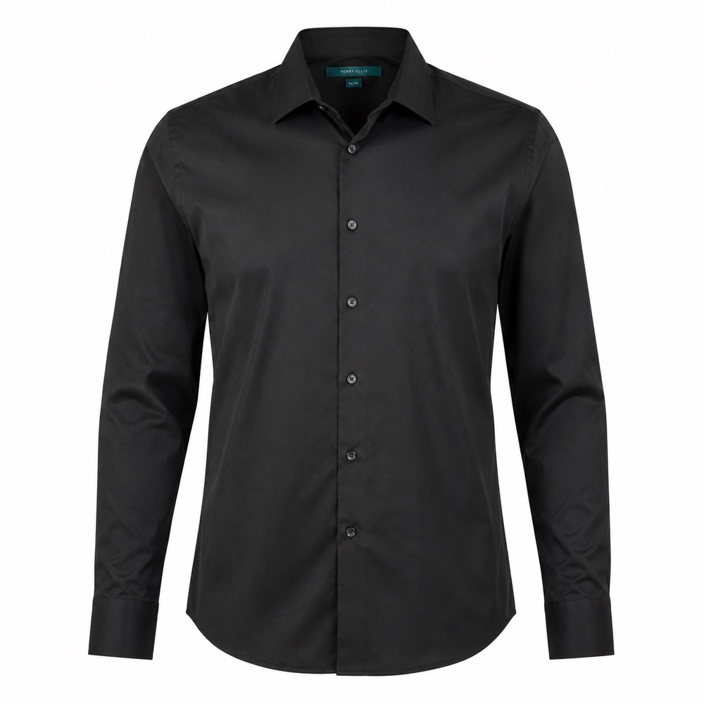 Perry Ellis Button Down XL Black Cotton Blend Professional Minimalist Goth Noir